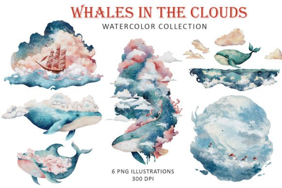 Bring Dreamlike Charm to Your Designs with Whales in the Clouds Watercolor