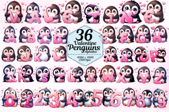 Charming Valentine Penguins Alphabet Doodle for Creative Projects