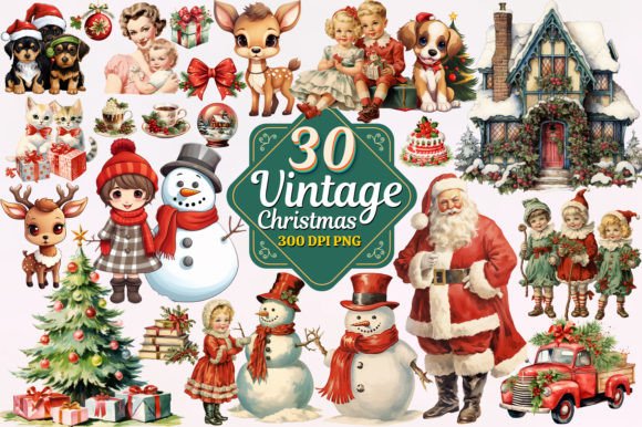 Timeless Holiday Charm: The Vintage Christmas Watercolor Clipart PNG Bundle