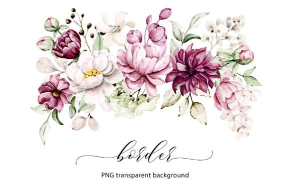 Watercolor Flowers, Floral Border, PNG for Creative Projects
