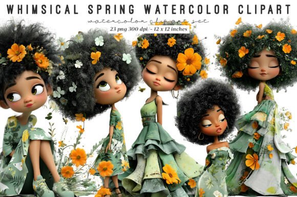 Whimsical Floral Black Girls Clipart for Creative Projects